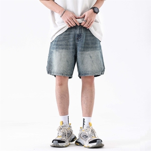 美式休闲复古潮流牛仔短裤男宽松痞帅定制袋布直筒裤323#-P55图片