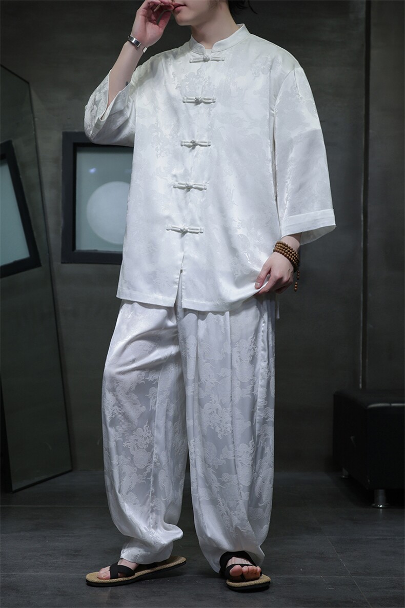 2025夏季新款风复古七分袖立领衬衫休闲长裤套装TZ100-P110,男装休闲套装,电商A008