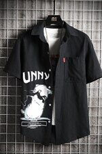 2021春季新网格挂拍日系大码男卡通小猫印花衬衫短袖C3003-P35，男装衬衫，电商A001