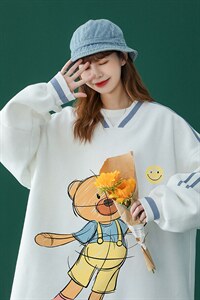 中性风 2024秋季新款 宽松螺纹织带卡通印花套头卫衣 B08 P55控68图片
