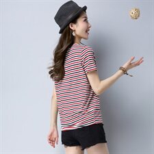【货源稳定常年不下架】2025年夏季短袖T恤细横条纹宽松版，女装T恤，板酷