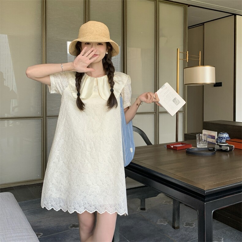 温柔风娃娃领小白裙女夏季新款蕾丝刺绣初恋甜美减龄小个子连衣裙,女装连衣裙,帛香坊