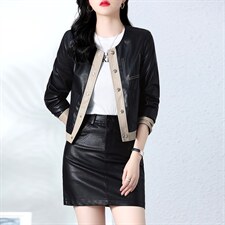 现货主推2022年秋季新款修身显瘦显高拼接皮衣外套女，女装皮衣，江南女神