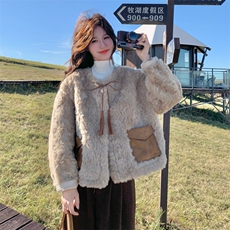 驼色仿皮毛一体羊羔毛加厚绒外套女秋冬2025新款韩系时髦短款棉服，女装短外套，2C230