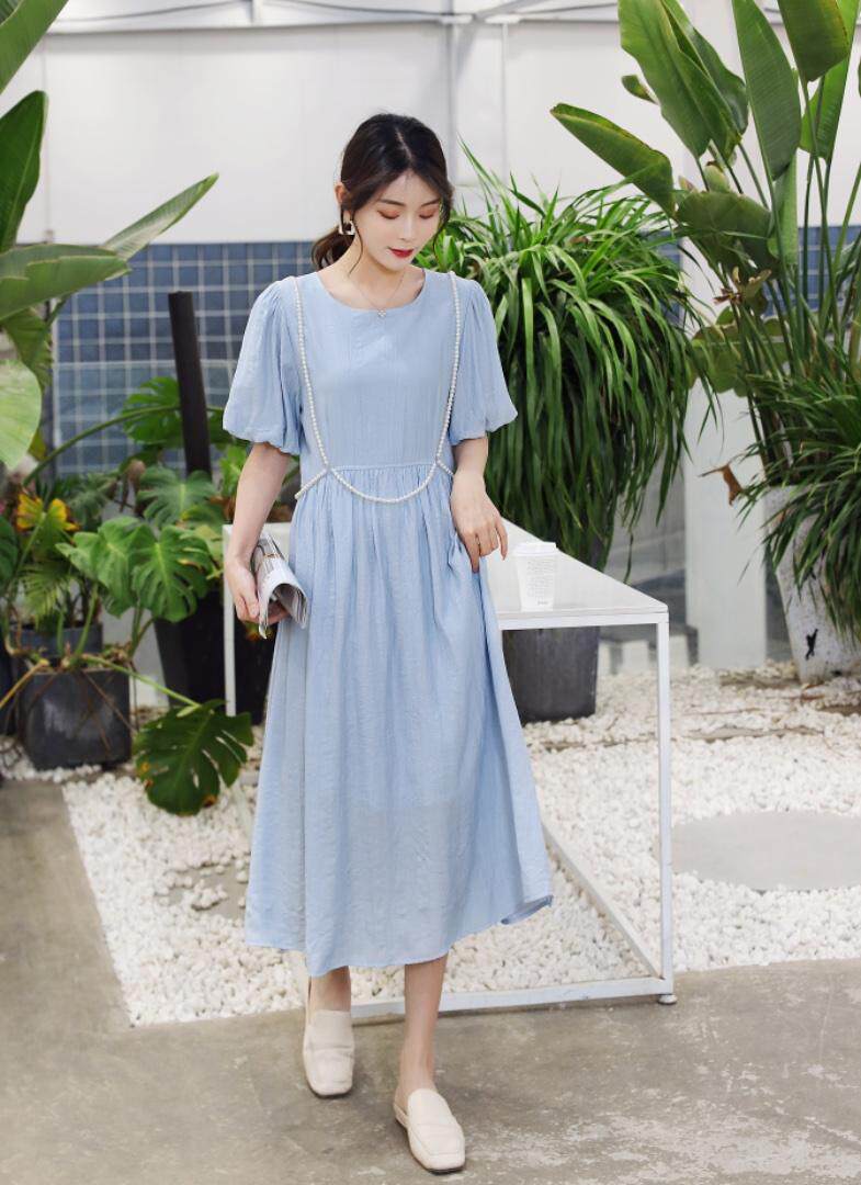 【现货】夏季新款纯色泡泡袖珍珠链条超仙连衣裙，女装连衣裙，东洋天堂之花