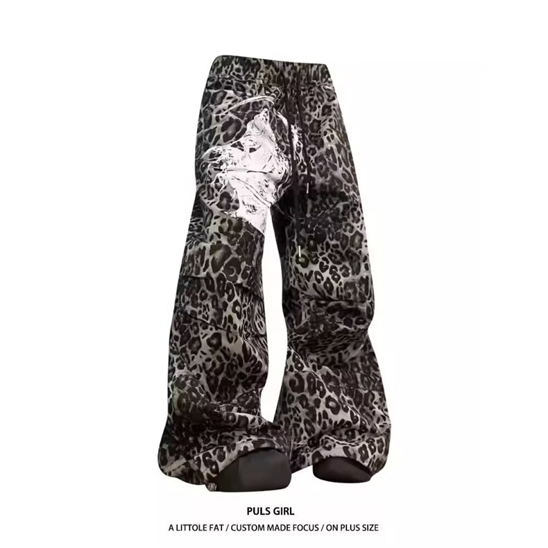 1506-1/K84371/P59豹纹高腰加绒阔腿牛仔裤百搭显瘦直筒拖地裤男图片