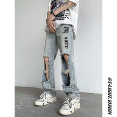 B221美式ins高街小众情侣款大破洞牛仔裤LK23078-P55控78，男装牛仔裤，电商B221