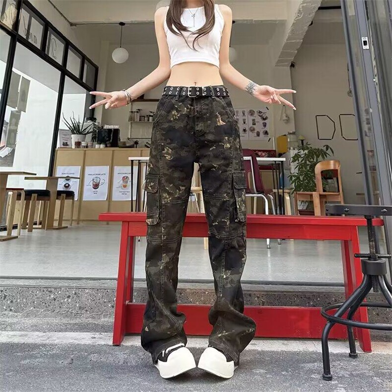 美式牛仔裤男春秋高街直筒长裤弯刀迷彩微喇叭裤KZ18N7019-TP55,男装牛仔裤,电商A247C