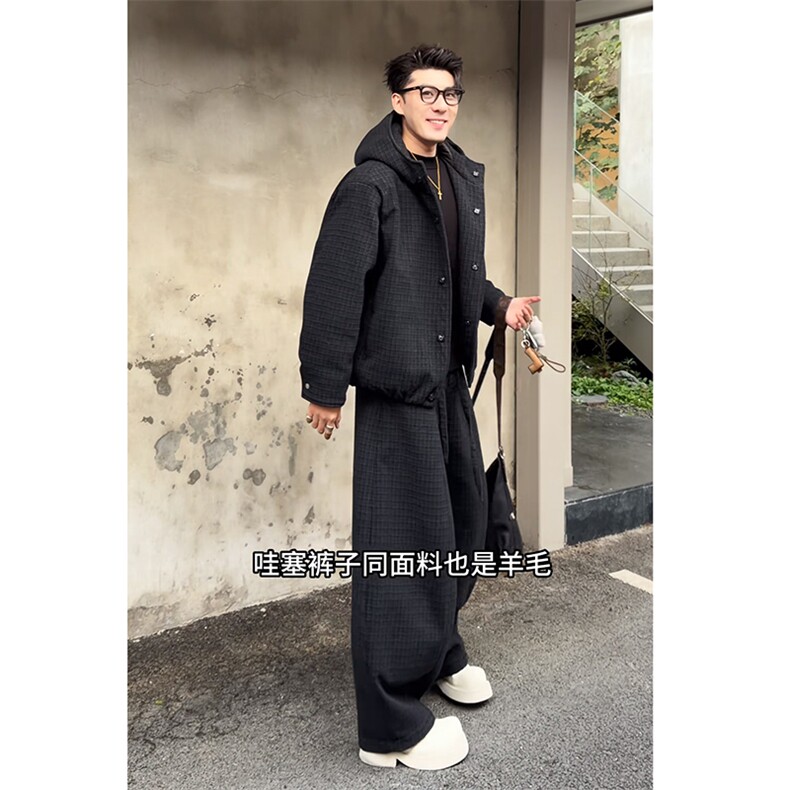 抖音高级保暖连帽棉服外套弯刀裤套装TZ353上衣135裤子78网图,男装棉衣,电商B267