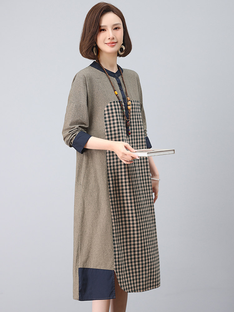 格子衬衫连衣裙女2025秋季中长款气质新款宽松显瘦棉短袖格子裙,女装连衣裙,江忆布依