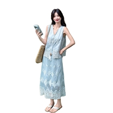 复古蕾丝刺绣背心套装裙女2025夏季新款时尚气质高腰半身裙两件套，女装套装/套裙，2C133