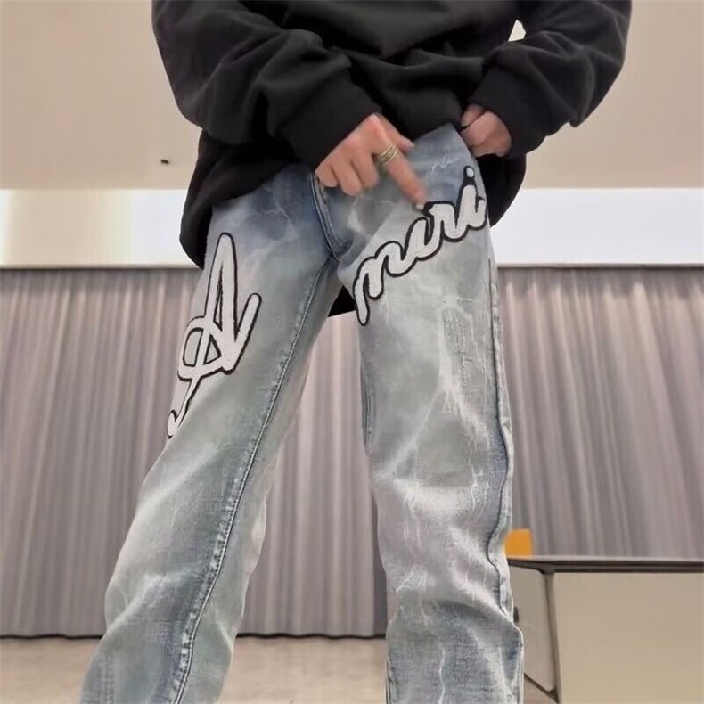 美式高端浅色贴布牛仔裤男款修身刺绣高街裤子潮牌休闲小脚长裤子图片