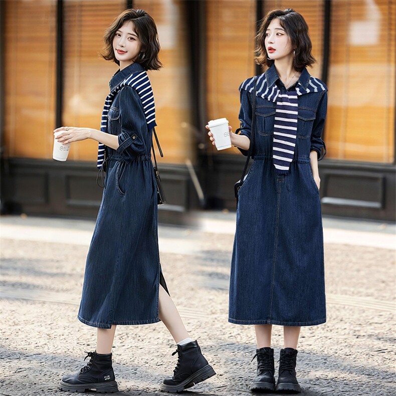 法式披肩连衣裙送披肩牛仔2025秋季新款时尚气质显瘦两件套潮棉，女装连衣裙，E百度