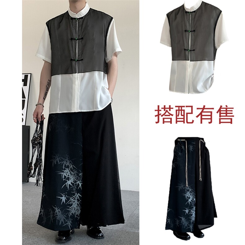 夏装2025新中式改良立领衬衫男女同款风民族服装演出服冰丝短袖,男装T恤,星座909