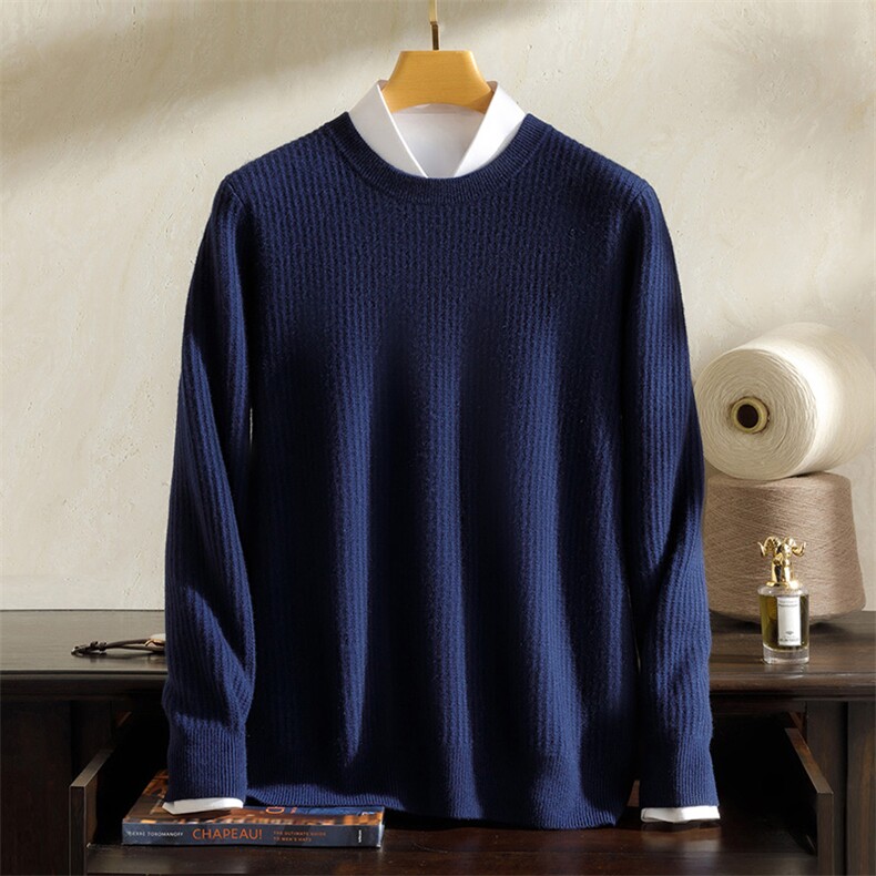 圆领纯山羊绒衫男士加厚保暖打底毛衫秋季新款竖条纹针织衫男装，男装羊绒套衫，澳坤羊绒