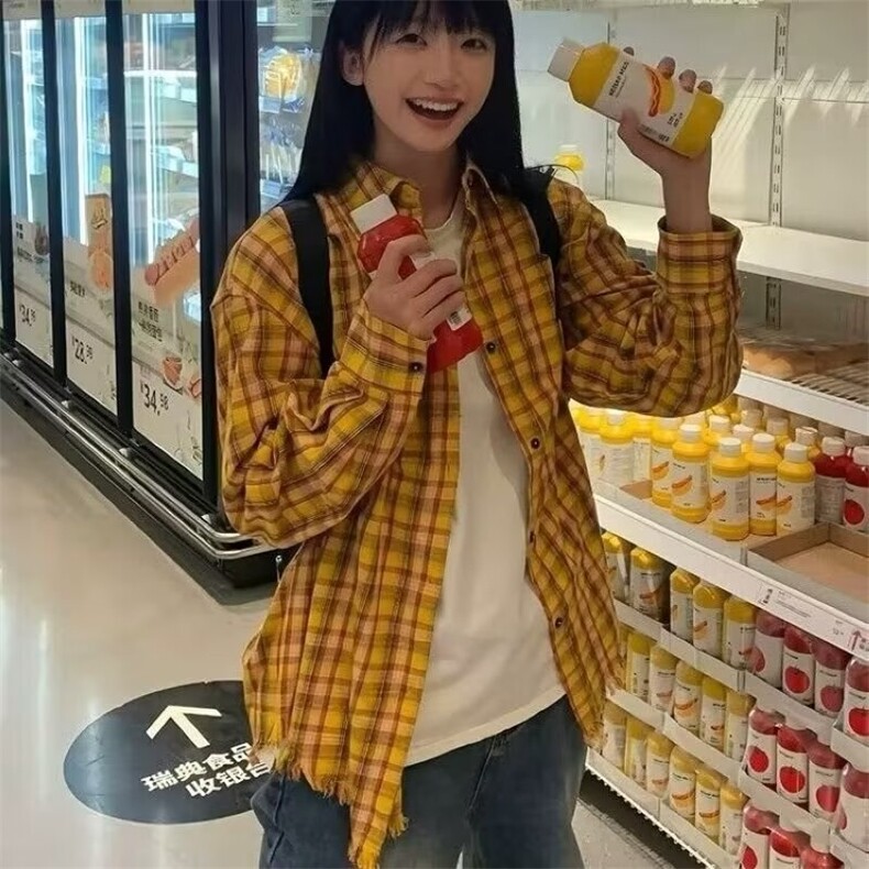 1506/QC030/P35格子长袖衬衫日系港风ins宽松潮流百搭休闲外套,男装衬衫,星座1506