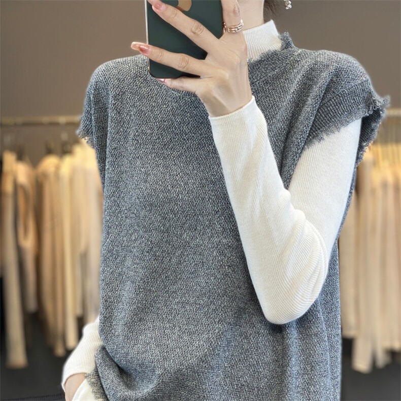 春秋精纺羊毛圆领花纱须须马甲女宽松百搭背心纯色无袖针织衫上衣,针织衫/毛衣,雪真羊绒