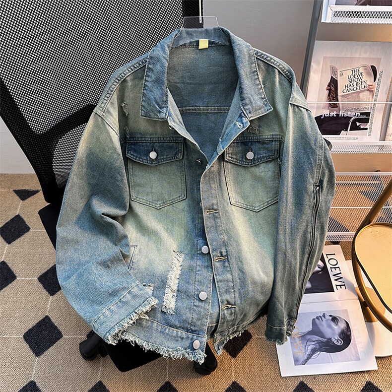 美式复古水洗破洞牛仔外套潮流时尚流苏设计夹克上衣，男装工装外套，星座410-6（原星座1304-1）