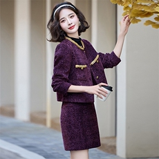 【新款现货】新款2024秋冬装法式小香亮片重工钉钻撞色半裙两件套，女装套装/套裙，奕薇雅