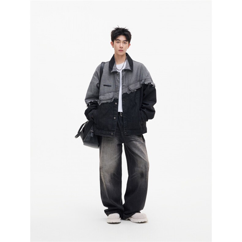 美式撞色拼接牛仔外套男女复古做旧流苏宽松情侣夹克潮JK0452-P72图片