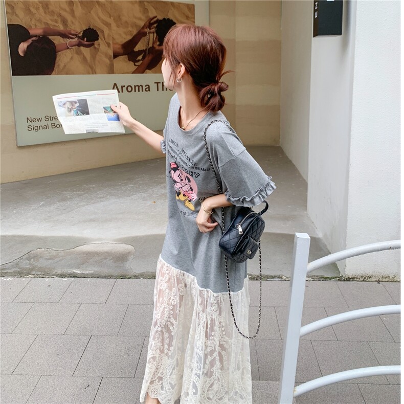 现货高品质印花拼接蕾丝T恤裙2C236M109P135K188,女装连衣裙,2C236