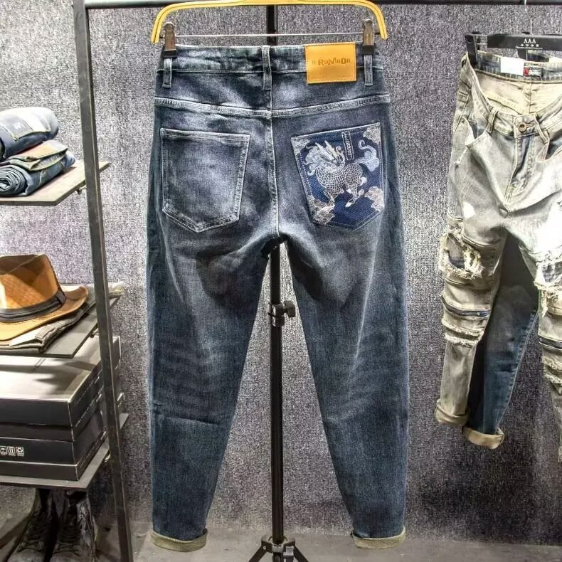 1506-1/KS2161/P54破洞补丁弹力修身小脚九分裤刺绣牛仔裤男裤潮图片