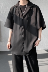 夏季新品短袖不对称古巴领设计衬衫短袖打底设计感短袖衬衫P50，男装T恤，电商B319