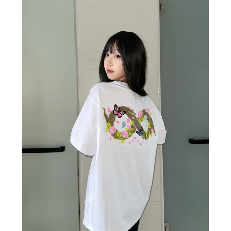 H0753-P35刺绣新款蝴蝶花复古宽松百搭短袖T恤女图片