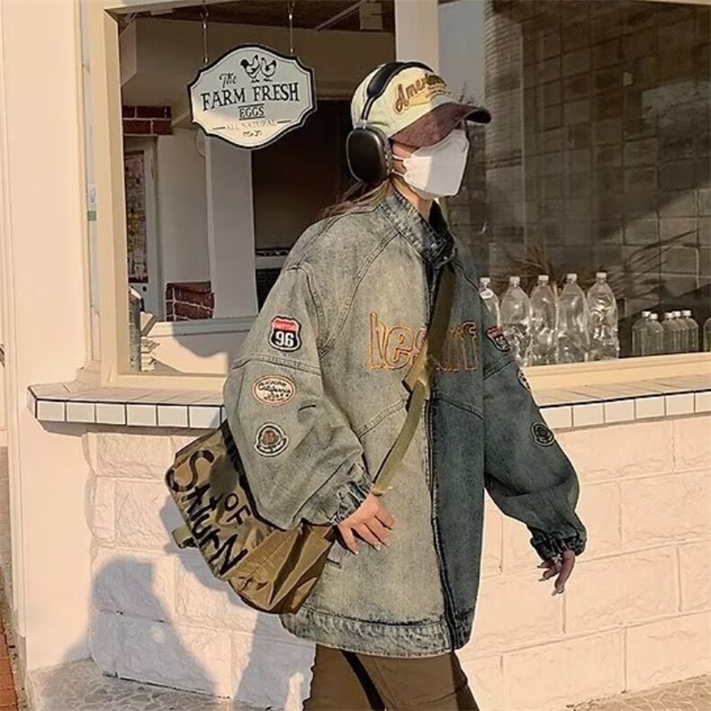 JK8899-P65美式机车风牛仔外套男水洗做旧潮牌炸街刺绣,男装工装外套,电商B323A