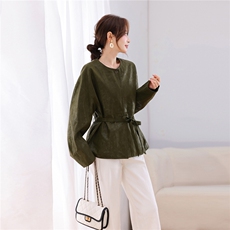 休闲复古中长款PU皮外套圆领腰带收到风衣外套，女装皮衣，鑫源服饰