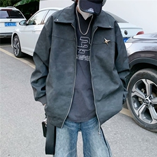 2025秋冬装做旧面料金属别针PU皮衣夹克外套PY777/特P60黑灰，男装夹克，电商A094