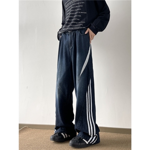 美式牛仔裤男女韩版潮流拼色高街帅气2024秋冬ins长裤RK2221-P56图片