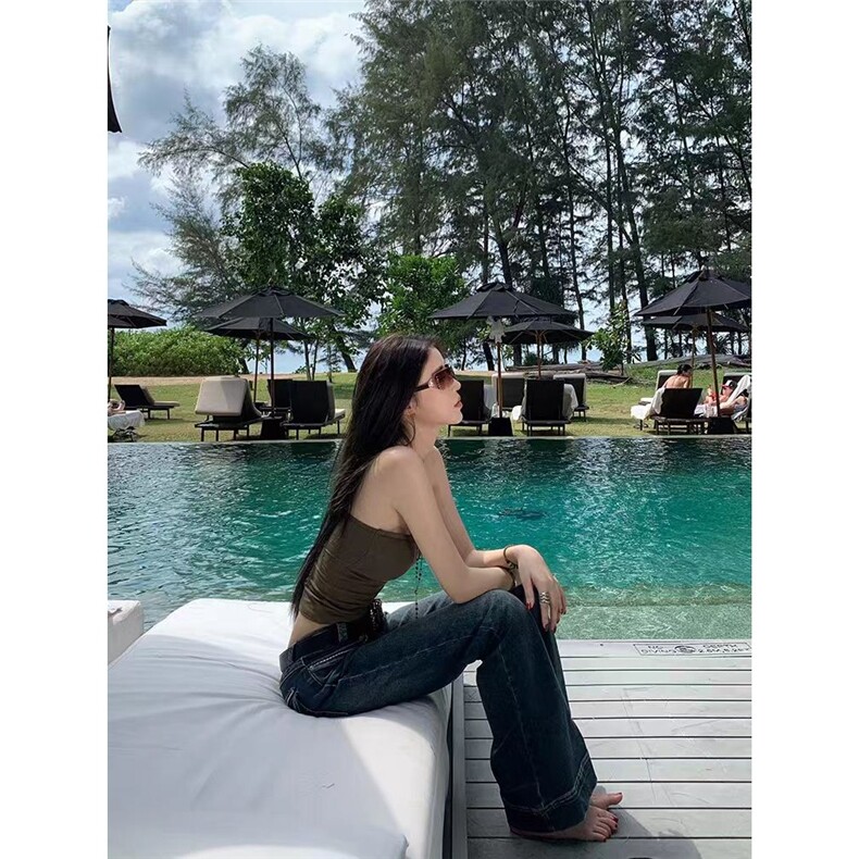 美式辣妹低腰紧身牛仔微喇裤女秋季做旧水洗拖地长裤,男装休闲裤,星座1210-1