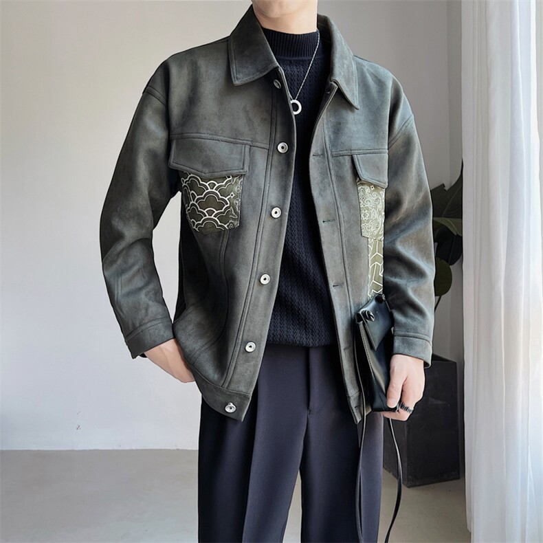 秋冬新款2023店主风抖音鹿皮绒夹克拼接口袋外套男JK-3005-P130,男装夹克,电商A236