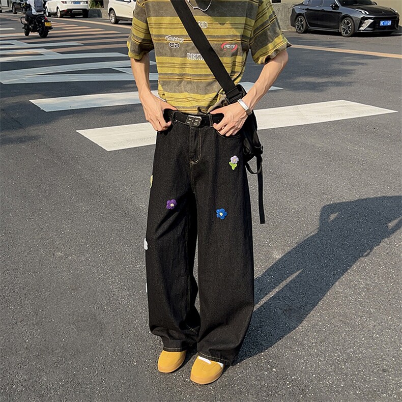 美式复古水洗花朵刺绣牛仔裤潮流新款宽松休闲直筒裤,男装牛仔裤,星座410-6（原星座1304-1）