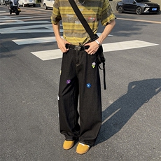 美式复古水洗花朵刺绣牛仔裤潮流新款宽松休闲直筒裤，男装牛仔裤，星座410-6（原星座1304-1）