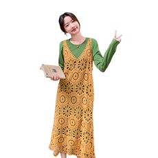 慵懒松弛穿搭蕾丝背心叠穿绿色T恤连衣裙女春秋休闲长裙两件套装，女装套装/套裙，新思路