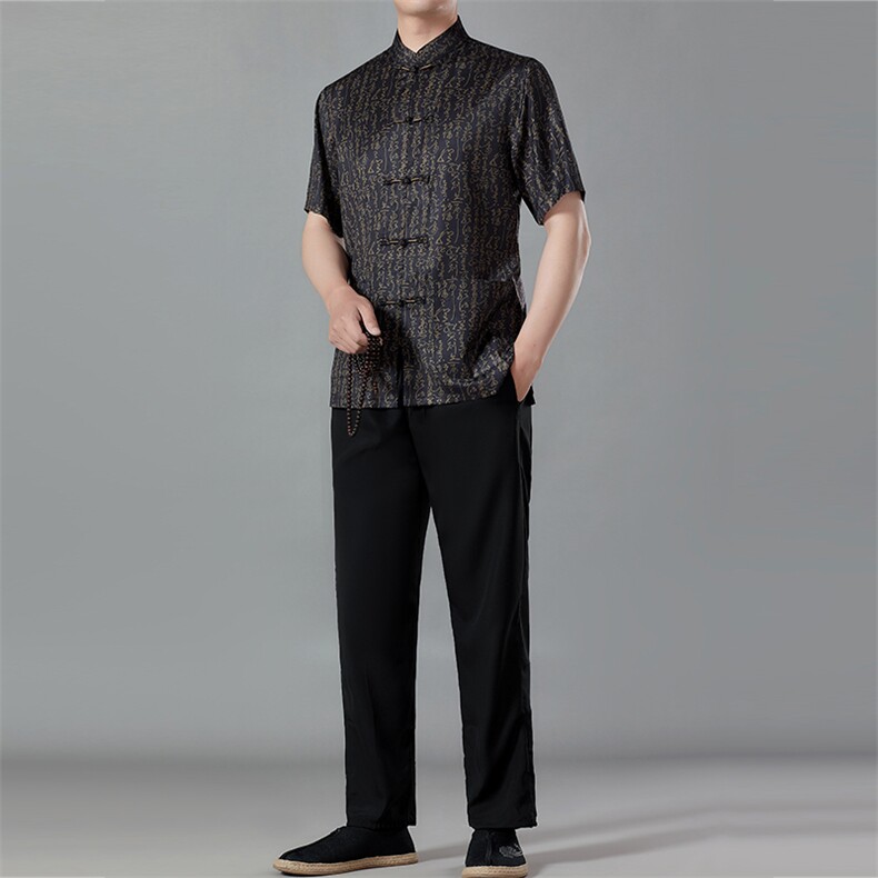 夏季唐装男士短袖中老年风爸爸装套装中式父亲冰丝爷爷衣服男图片