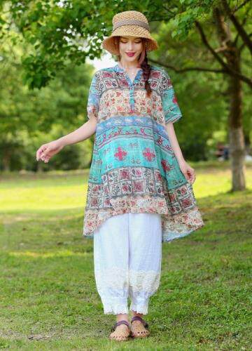 现货2021新款民族风文艺复古印花宽松舒适苎麻短袖中长，女装，美诗欧 Missorly