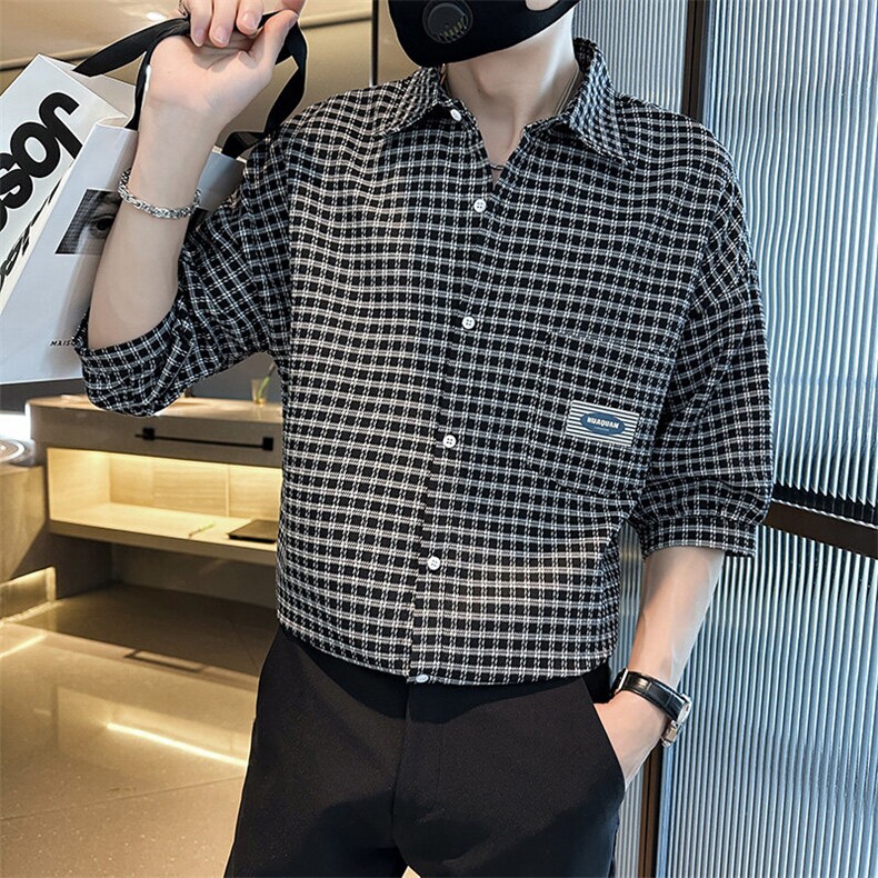 社会小伙2025春季新品衬衫男士格子衬衫七分袖打底衫901C02P58,男装衬衫,星座901
