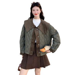 军绿色翻领菱格棉服女2025冬季新款复古麂皮绒减龄小个子短款外套图片