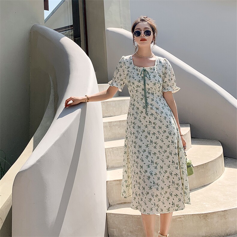 现货-碎花连衣裙女夏季2024新款小个子法式泡泡袖初恋仙女裙子,女装连衣裙,天丽