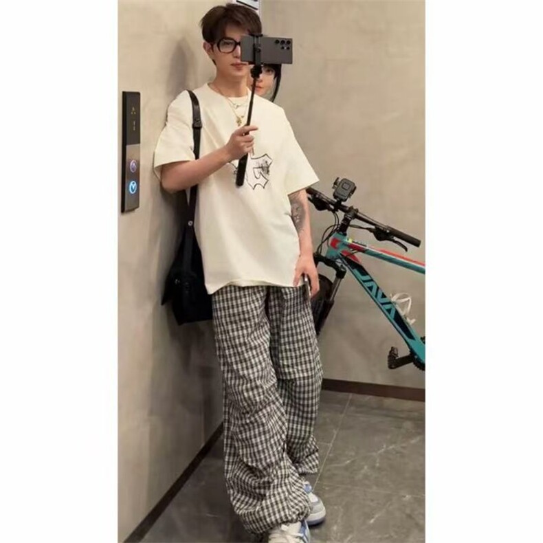 已下单~童锦程同款格子弯刀裤男美式褶皱阔腿休闲裤K25021批48，男装休闲裤，星座1004-6