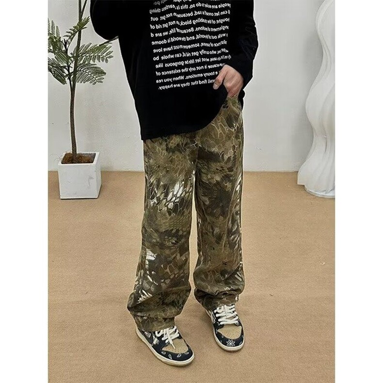 美式复古蛇纹迷彩牛仔裤男生穿搭高级感裤子cleanfit弯刀直筒裤潮,男装牛仔裤,星座218-8