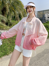 韩版立领抽绳渐变色宽松显瘦气质减龄防晒衣长袖短款户外百搭夏季，女装防晒衣，蝶眷
