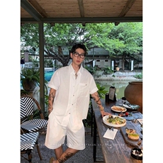 激光蓝色冰丝套装男款夏季老钱风轻奢短袖衬衫短裤度假休闲两件套，男装T恤，星座1004（原星座815-3）