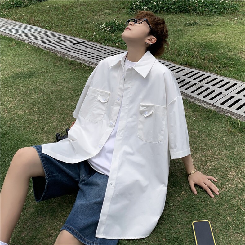 短袖衬衫男夏季日系宽松休闲衬衣青少年翻领半袖外套CS0314-P35,男装衬衫,星座308B-1