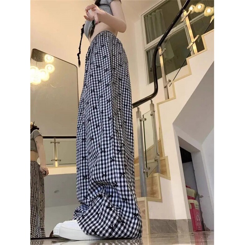 AK2494-p30复古格子蝴蝶结刺绣休闲裤女2026夏季新款阔腿裤裤子,女装休闲裤,星座617A-2