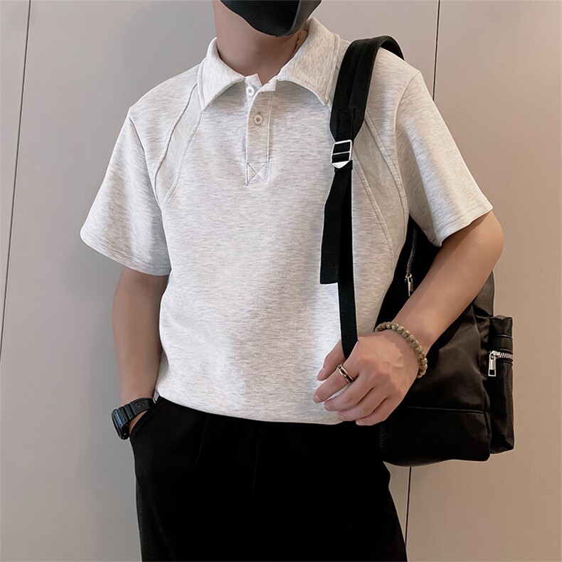 8970/P58控78夏季小伙美式拼接设计感Polo衫T恤轻奢痞帅男白灰色1图片
