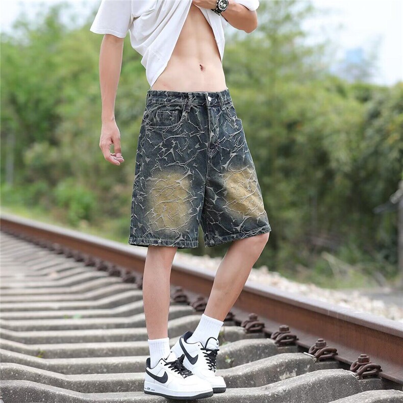 街头设计感痞帅牛仔短裤男士夏五分裤宽松休闲直筒中裤RK2814-P46,男装牛仔裤,星座412-2